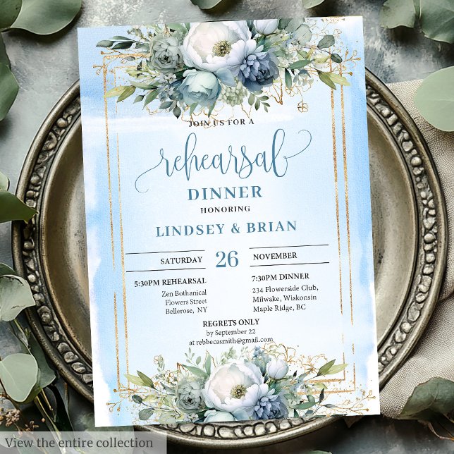 Modern Dusty Blue Gold Glitter Rehearsal Dinner   Invitation (Modern Dusty Blue Gold Glitter Rehearsal Dinner Card)