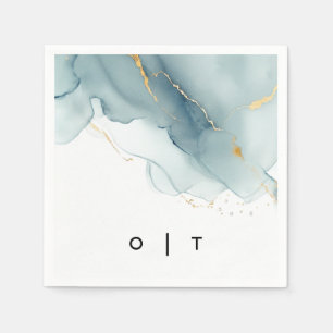 Modern Dusty Blue Gold Monograms Beach Wedding Napkins