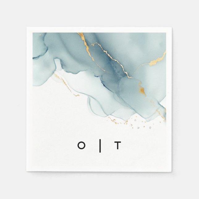 Modern Dusty Blue Gold Monograms Beach Wedding Napkins (Front)