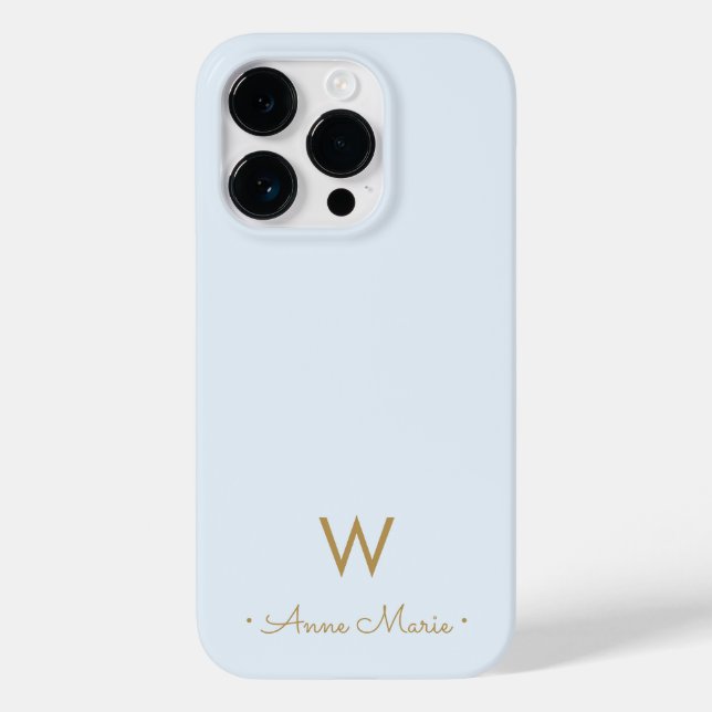 Modern Dusty Blue Gold Script Monogram Case-Mate iPhone Case (Back)