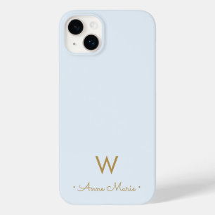 Modern Dusty Blue Gold Script Monogram Case-Mate iPhone 14 Plus Case