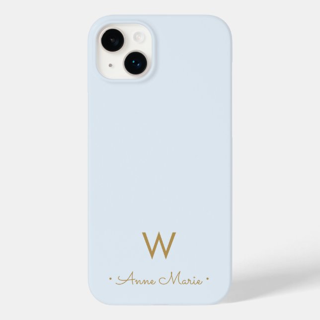 Modern Dusty Blue Gold Script Monogram Case-Mate iPhone Case (Back)