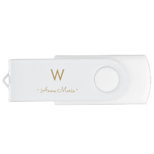 Modern Dusty Blue Gold Script Monogram Flash Drive