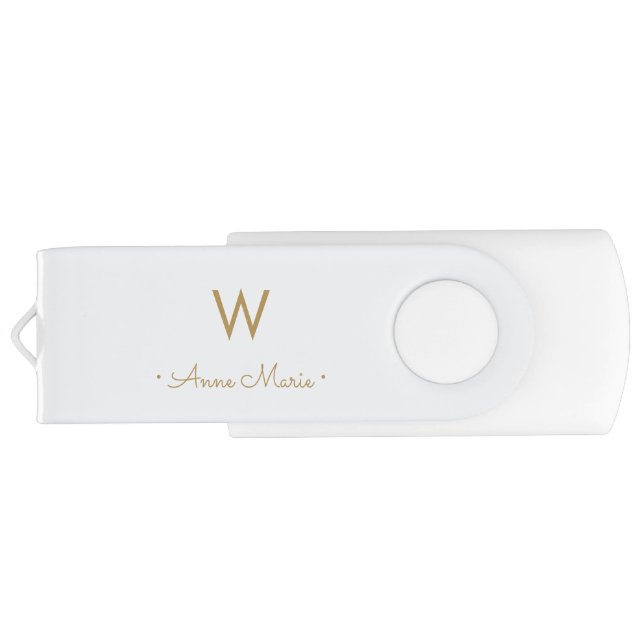 Modern Dusty Blue Gold Script Monogram Flash Drive (Back)