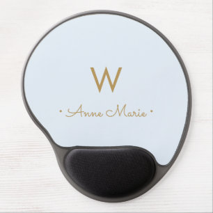 Modern Dusty Blue Gold Script Monogram Gel Mouse Pad