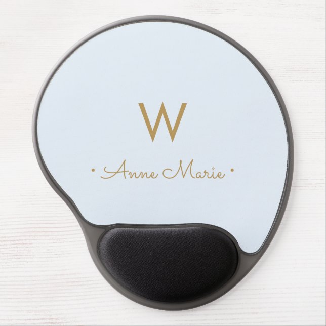 Modern Dusty Blue Gold Script Monogram Gel Mouse Pad (Front)