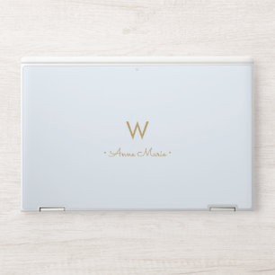 Modern Dusty Blue Gold Script Monogram HP Laptop Skin