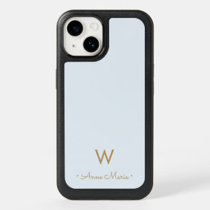 Modern Dusty Blue Gold Script Monogram OtterBox iPhone 14 Case
