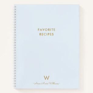 Modern Dusty Blue Gold Script Monogram Recipe Notebook