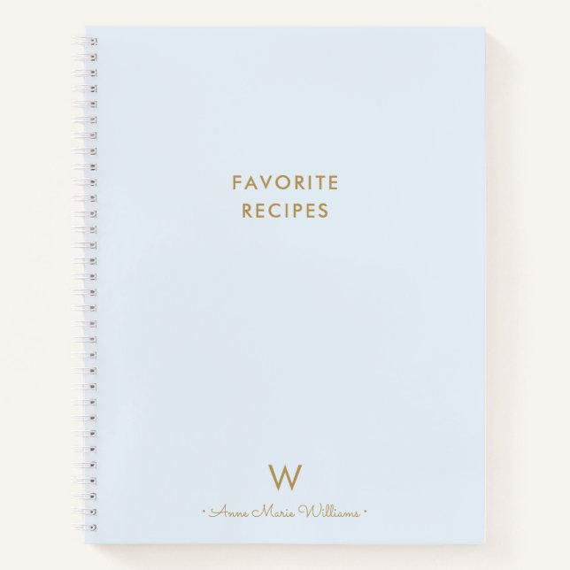 Modern Dusty Blue Gold Script Monogram Recipe Notebook (Front)