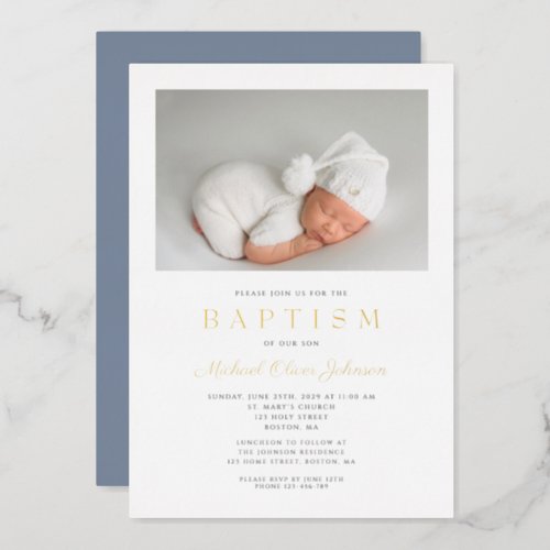 Modern Dusty Blue Gold Script Photo Boy Baptism Foil Invitation