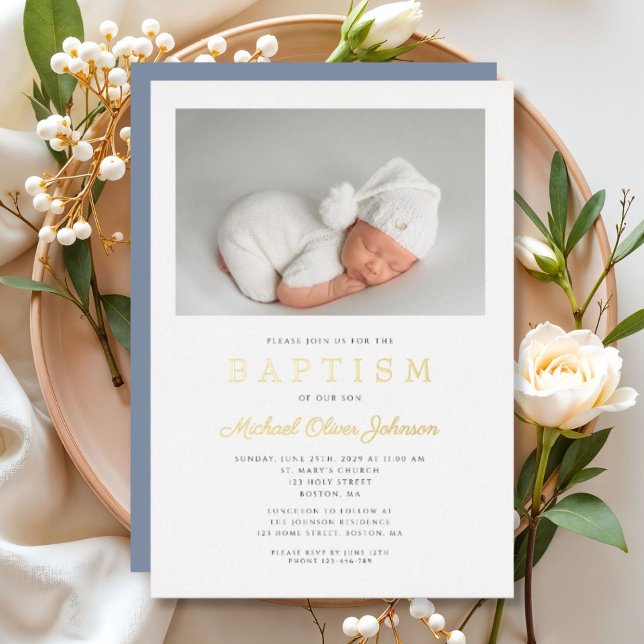 Modern Dusty Blue Gold Script Photo Boy Baptism Foil Invitation (Modern Dusty Blue Gold Script Photo Boy Baptism Foil Invitation)
