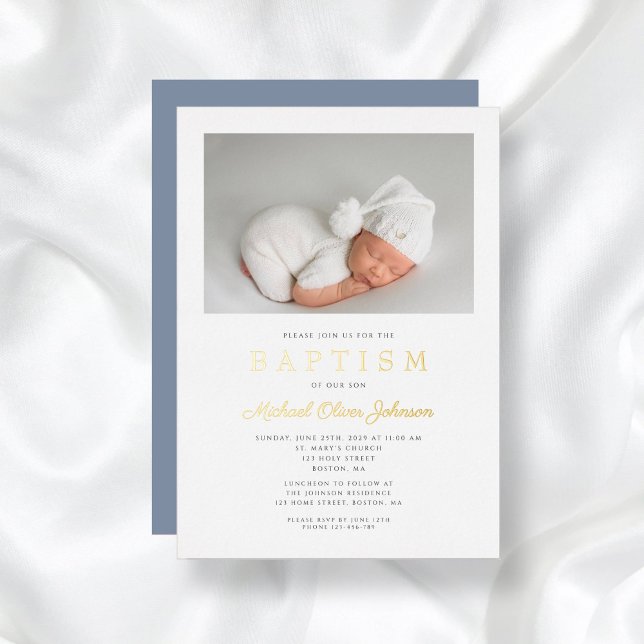 Modern Dusty Blue Gold Script Photo Boy Baptism Foil Invitation (Modern Dusty Blue Gold Script Photo Boy Baptism Foil Invitation)