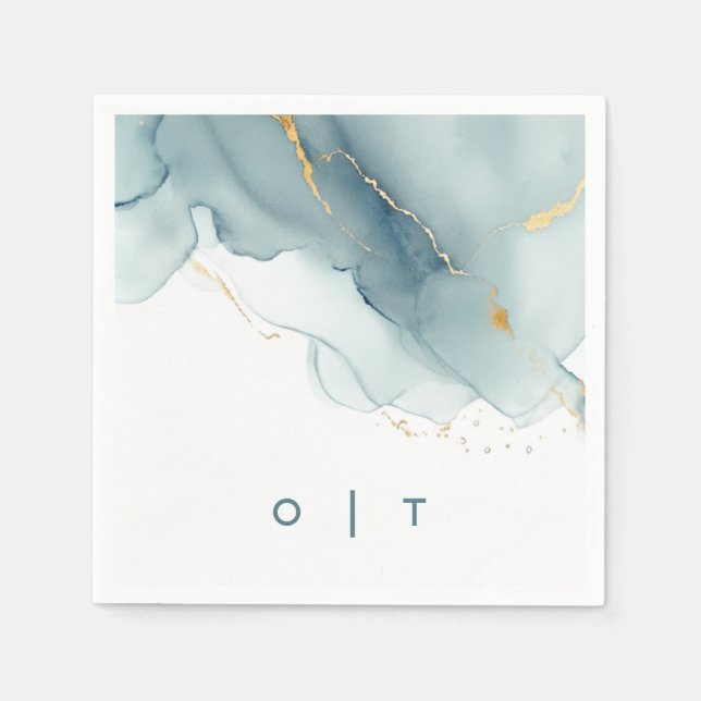 Modern Dusty Blue Gold Teal Monogram Beach Wedding Napkins (Front)