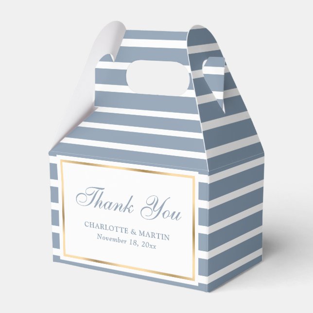 Modern Dusty Blue Gold Wedding Thank You Favor Boxes (Front Side)