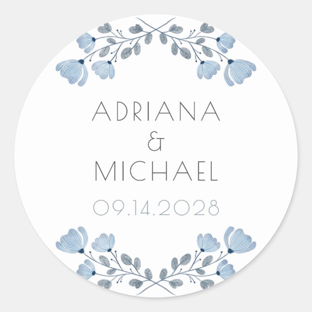 Modern Dusty Blue Gray Floral Wedding  Classic Round Sticker (Front)