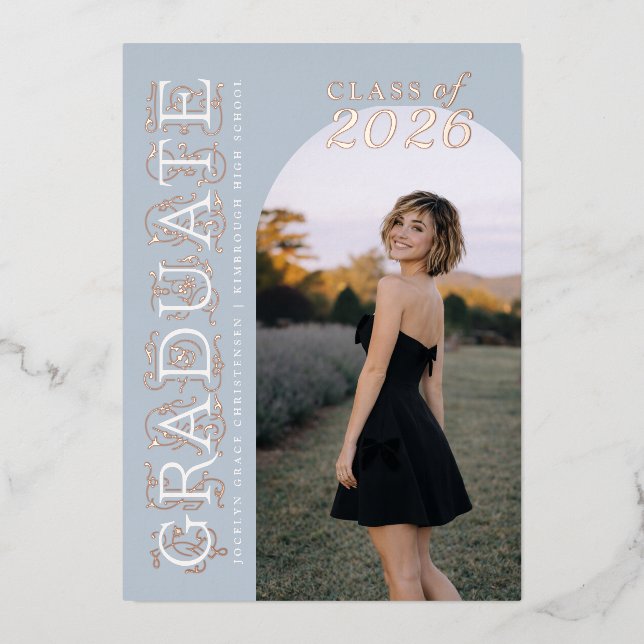 Modern Dusty Blue Gray Photo Graduation Rose Gold Foil Invitation (Front)
