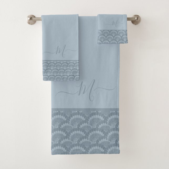 Modern Dusty Blue Gray Seashell Shell Elegant Chic Bath Towel Set (Insitu)