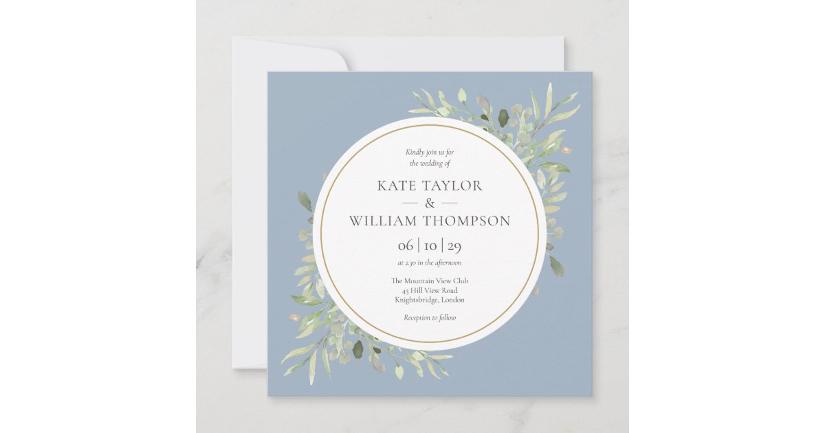 Modern Dusty Blue Greenery Leaves Wedding Invitation | Zazzle