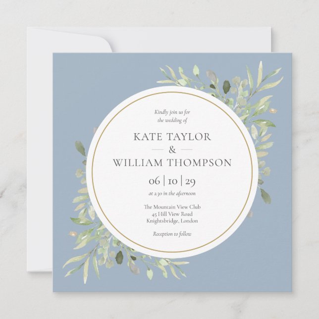 Modern Dusty Blue Greenery Leaves Wedding Invitation (Front)