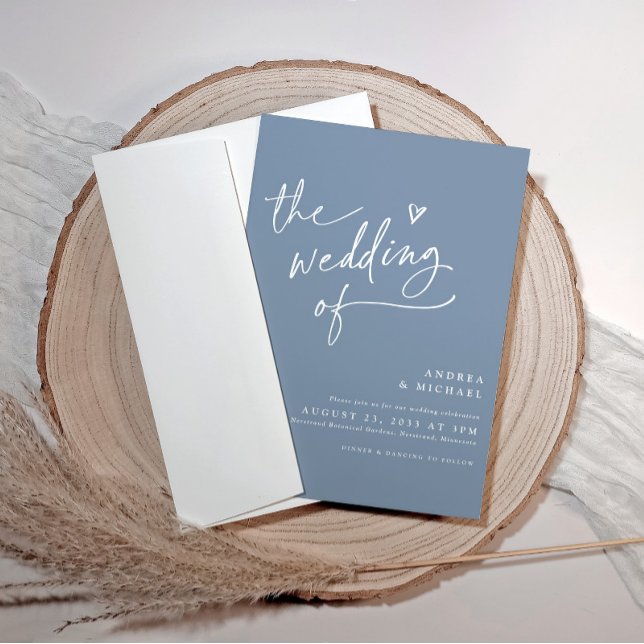 Modern Dusty Blue Handwriting Heart Wedding Invitation (Dusty blue wedding invitations - modern handwriting with heart)