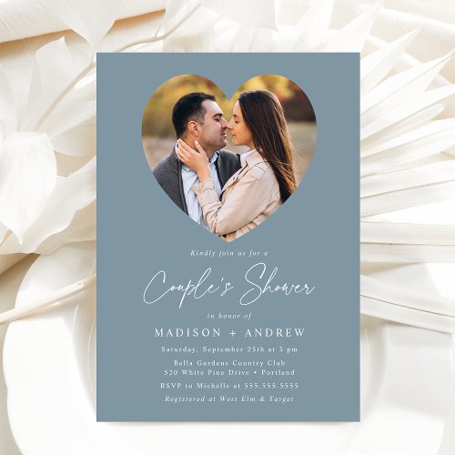 Modern Dusty Blue Heart Photo Couples Shower Invitation