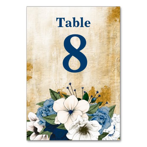 Modern Dusty Blue Ivory Floral Gold Splatter Table Number