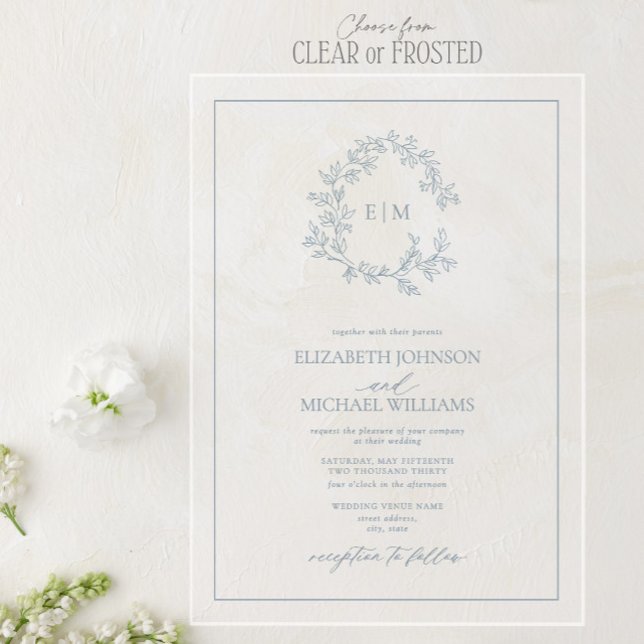Modern Dusty Blue Leafy Crest Monogram Wedding Acrylic Invitations (Creator Uploaded)