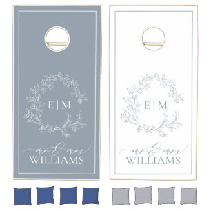 Modern Dusty Blue Leafy Crest Monogram Wedding Cornhole Set