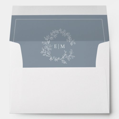 Modern Dusty Blue Leafy Crest Monogram Wedding Envelope