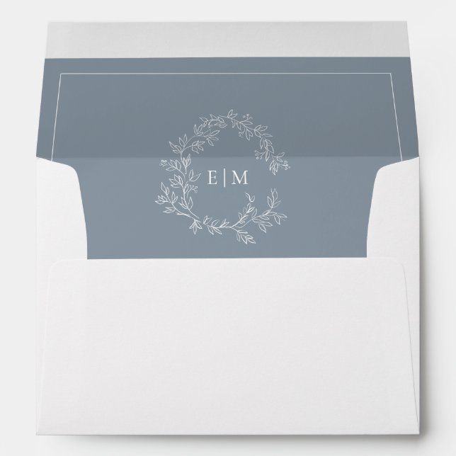 Modern Dusty Blue Leafy Crest Monogram Wedding Envelope (Back (Bottom))