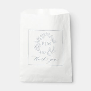 Modern Dusty Blue Leafy Crest Monogram Wedding Favor Bag