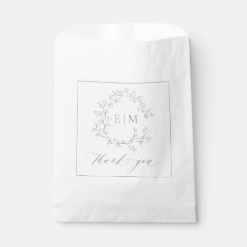 Modern Dusty Blue Leafy Crest Monogram Wedding Favor Bag