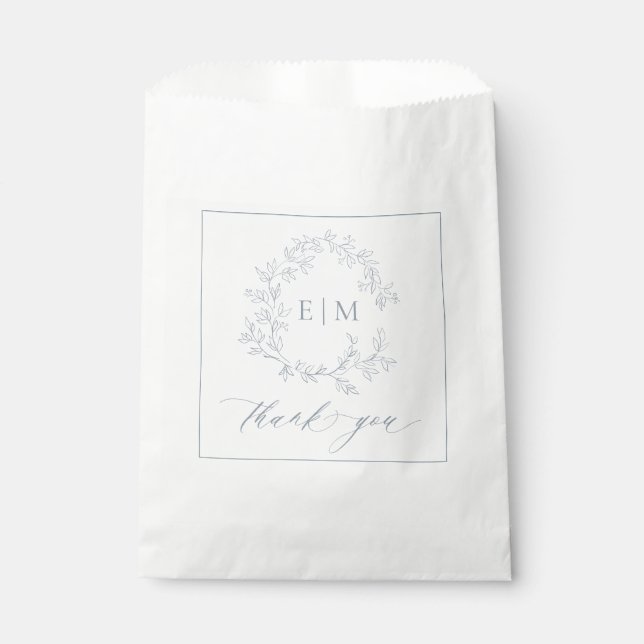 Modern Dusty Blue Leafy Crest Monogram Wedding Favor Bag (Front)