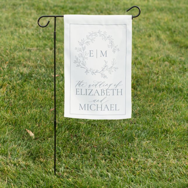 Modern Dusty Blue Leafy Crest Monogram Wedding Garden Flag (In SItu)