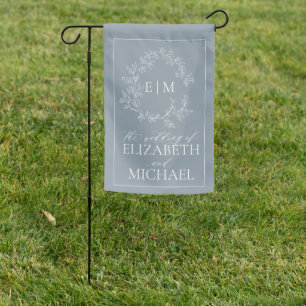 Modern Dusty Blue Leafy Crest Monogram Wedding Garden Flag