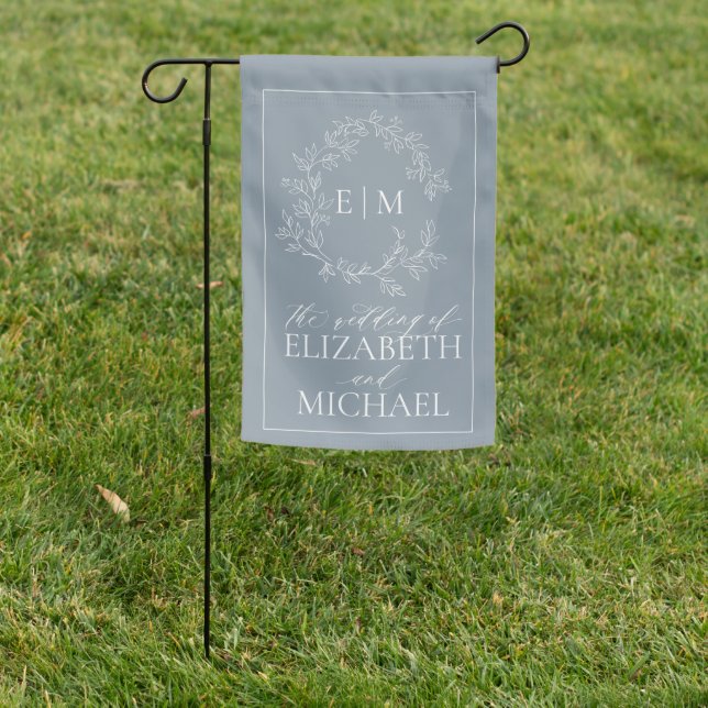 Modern Dusty Blue Leafy Crest Monogram Wedding Garden Flag (In SItu)