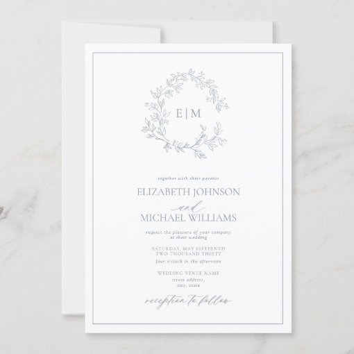 Modern Dusty Blue Leafy Crest Monogram Wedding Inv Invitation | Zazzle