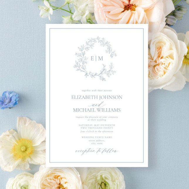 Modern Dusty Blue Leafy Crest Monogram Wedding Inv Invitation (Creator Uploaded)
