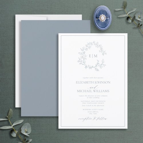 Modern Dusty Blue Leafy Crest Monogram Wedding Inv Invitation