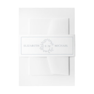 Modern Dusty Blue Leafy Crest Monogram Wedding Invitation Belly Band