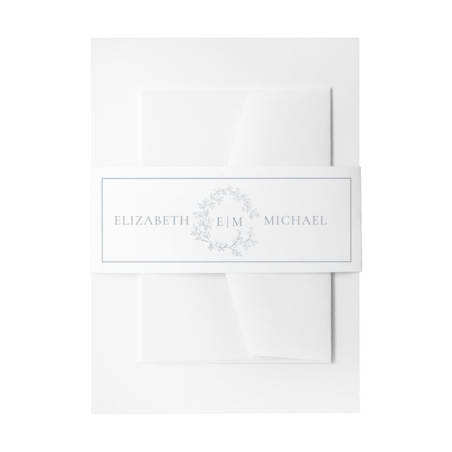 Modern Dusty Blue Leafy Crest Monogram Wedding Invitation Belly Band (Front Example)
