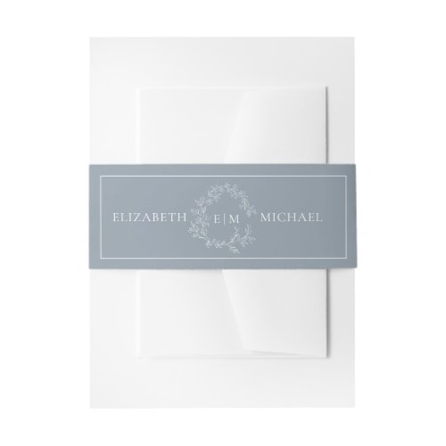 Modern Dusty Blue Leafy Crest Monogram Wedding Invitation Belly Band