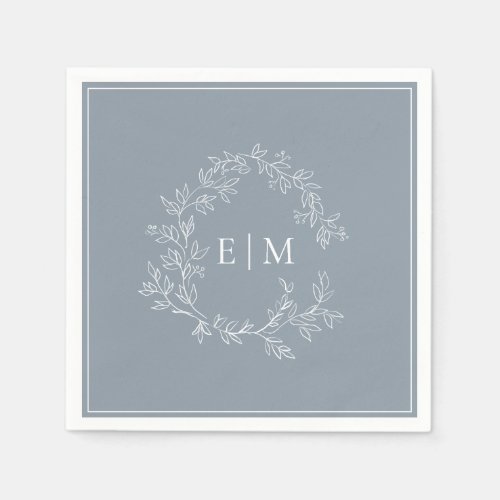Modern Dusty Blue Leafy Crest Monogram Wedding Napkins