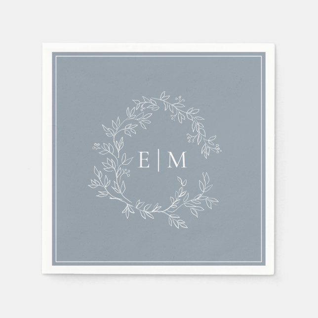 Modern Dusty Blue Leafy Crest Monogram Wedding Napkins (Front)
