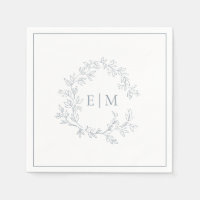 Modern Dusty Blue Leafy Crest Monogram Wedding