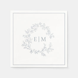 Modern Dusty Blue Leafy Crest Monogram Wedding Napkins