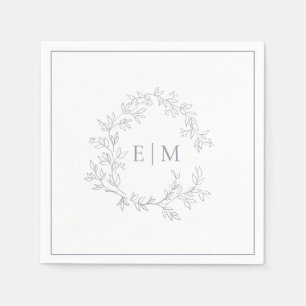 Modern Dusty Blue Leafy Crest Monogram Wedding Napkins