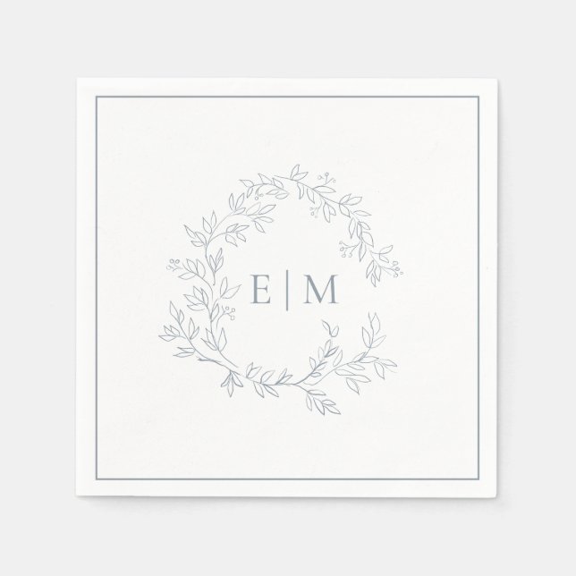 Modern Dusty Blue Leafy Crest Monogram Wedding Napkins (Front)