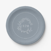 Modern Dusty Blue Leafy Crest Monogram Wedding